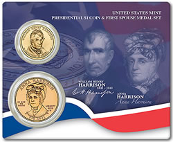 Harrison Presidential $1 Coin & First Spouse Medal Set