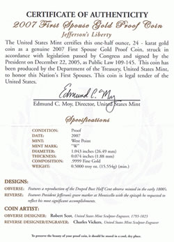 First Spouse Gold Coin Certificate of Authenticity